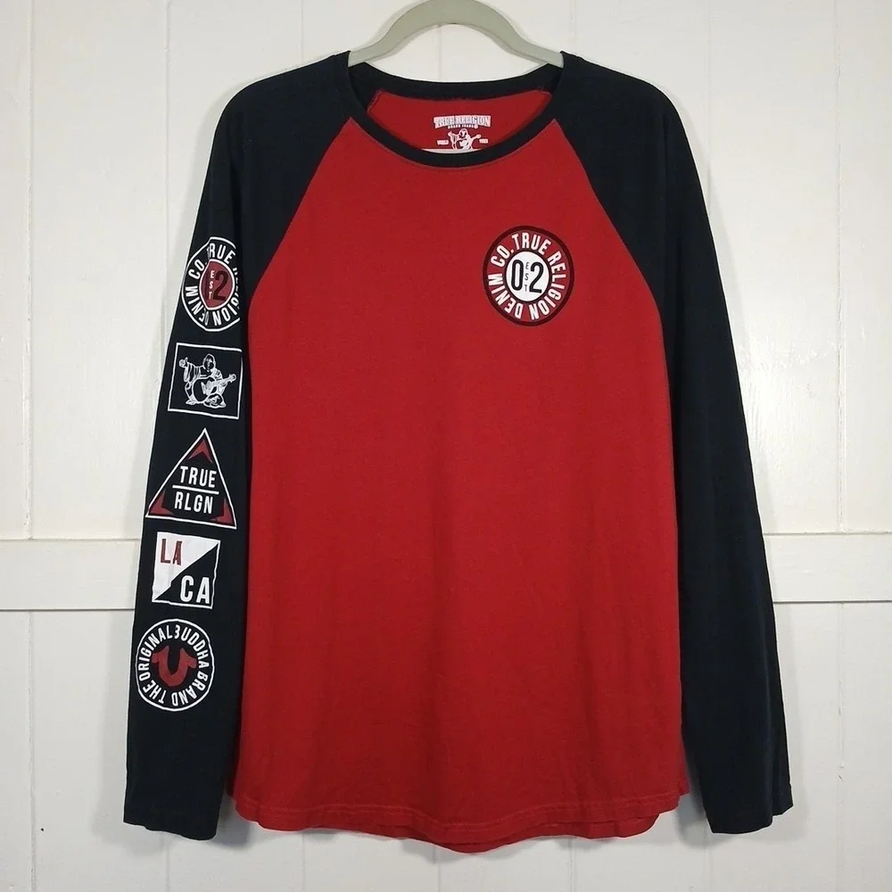 True Religion Raglan Shirt Logo Long Sleeve‎ Graphic Tee Men's Large Red Cotton